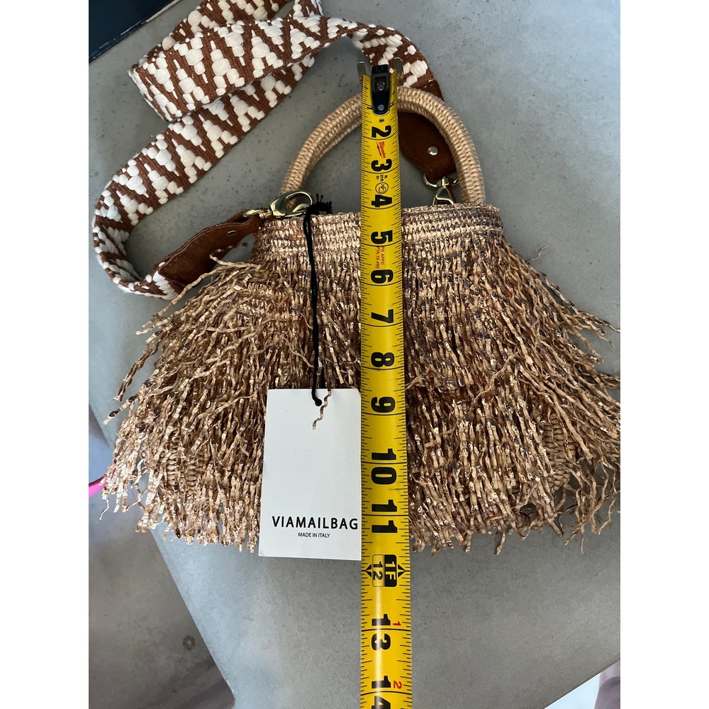 ViaMailBag Italy Rose Gold Glitter Fringe Straw Bucket Bag Boho Summer Festival - Picture 14 of 16